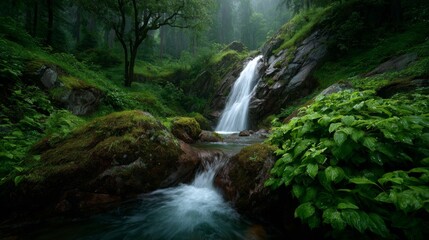 Whispering Waters and Verdant Canopy:  A breathtaking cascade of water plunges into a crystal-clear pool, surrounded by lush, emerald-green foliage, embodying the serenity of the natural world.