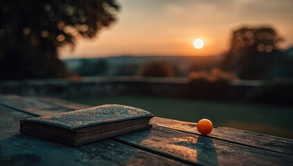 Old book and small sphere rest on weathered wood, sunset backdrop