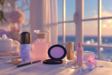 Cosmetics arranged on a table by a window with ocean view at sunset