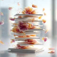 Floating flower petals layered on white squares