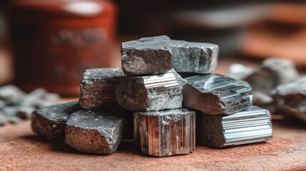 Stacked dark gray and silver mineral specimens on a light reddish-brown wooden surface.
