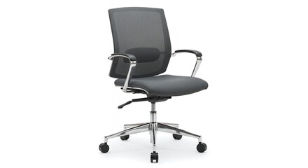 Obraz premium Modern Ergonomic Office Chair with Mesh Back, Chrome Base, and Adjustable Arms on White Background