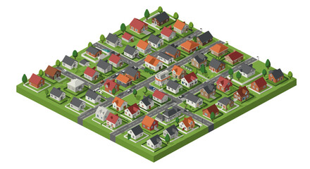 Isometric suburban community with colorful houses and green spaces