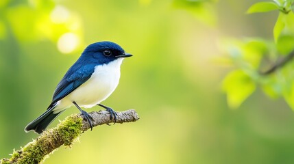 Obraz premium Ultramarine Flycatcher (Superciliaris ficedula) cute blue bird perching on top mossy stick over far blur green background in shaded sun lighting, amazing nature