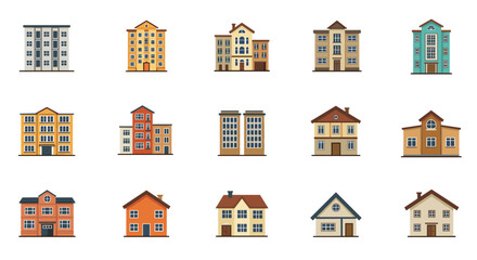 Collection of diverse building icons: modern and traditional architecture