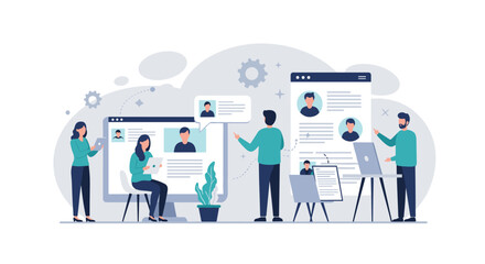 Team collaboration concept with online profiles and modern interface in flat design