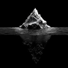 Monochromatic iceberg, partially submerged, showcasing its hidden mass below the waterline against a stark black background