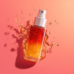 Amber liquid in glass bottle, spray top, splash