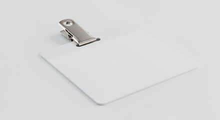 Blank White ID Badge Card with Metal Clip Mockup. Customizable Name Tag or Event Pass Template on Light Background.