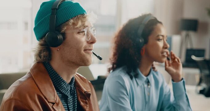 Man, people and headset in call center for communication, telemarketing and outbound sales. Marketing agent, technology and coworking space in agency with discussion, lead generation and connection