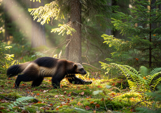 A rare wolverine walking through a sunlit clearing in a lush green forest
