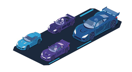 Futuristic isometric race cars on track in dynamic blue and purple hues