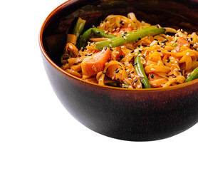 Asian-style noodles with vegetables, sesame seeds, and a savory sauce served in a rustic dark bowl