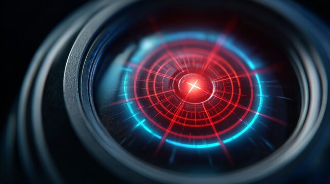 Technological Surveillance: A close-up view of a digital eye, a futuristic camera lens featuring a vibrant, glowing radar screen at the center of the focus. - Powered by Adobe