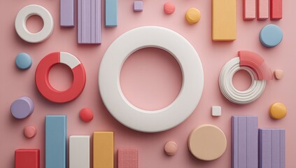 Pastel-colored geometric shapes on pink background