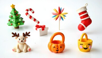 Fototapeta premium Collection of festive christmas and halloween themed fondant decorations for baking and crafts