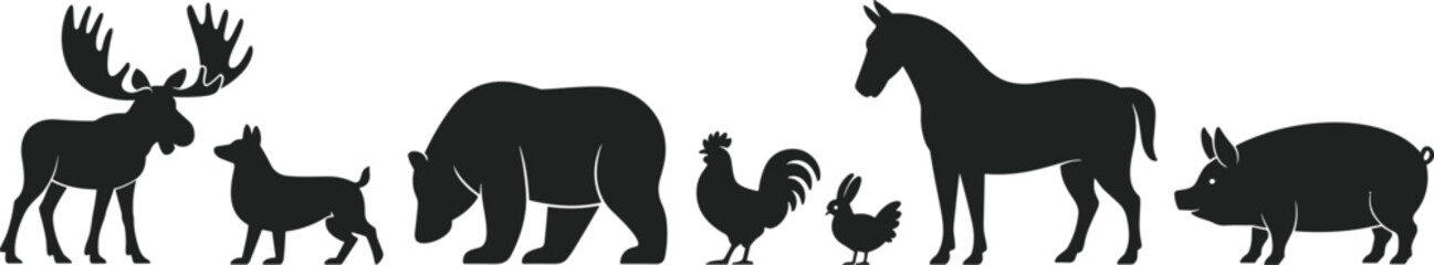 Vector Silhouettes of Wild and Farm Animals Including Moose, Bear, Horse, Dog, Chickens, and Pig for Wildlife and Agriculture
