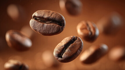 Fototapeta premium Close-up of coffee beans floating in the air 