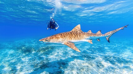 Underwater view of male scuba diver with tiger shark and nurse sharks over seabed