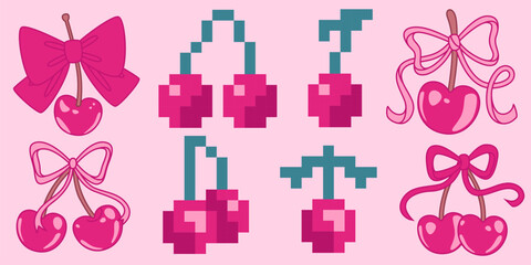Cherry y2k aesthetic collection - pixelated berries with stems, glossy fruits with decorative bows and pink ribbons on pastel background. Retro digital graphics for nostalgic game interface design.