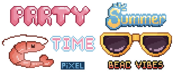Colorful pixel summer sticker set - party text, seasonal banners, shrimp, sunglasses and beach vibes typography on white background. Retro 8 bit graphics for vacation themes or nostalgic game designs.