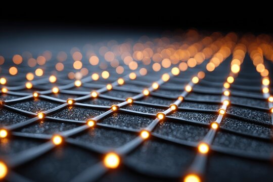 Illuminated grid network, glowing nodes on dark surface - Powered by Adobe