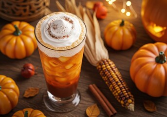 Cozy Autumn Beverage with Pumpkin Garnish and Fall Decor on Wooden Table Setting