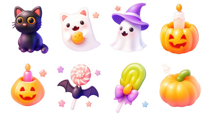 Fototapeta premium Halloween character set with joyful witch cat