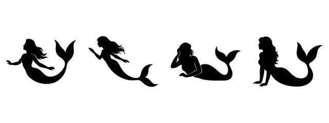 Mermaid Silhouette Vector Set | Fantasy Sea Woman with Tail | Mythical Ocean Illustration