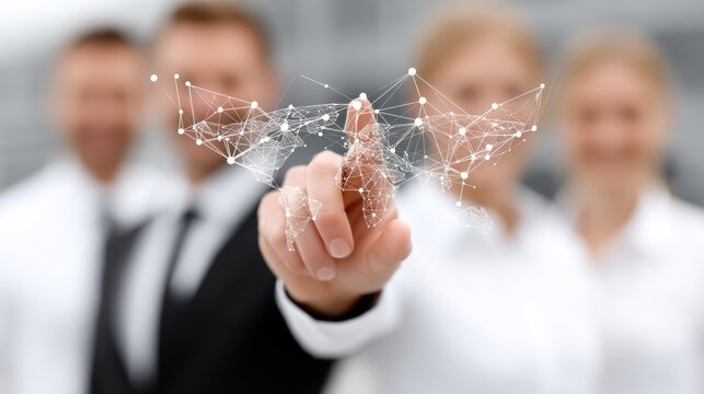 A hand points to a digital world map overlayed with a network of connections, highlighting global interconnectedness in a professional setting.