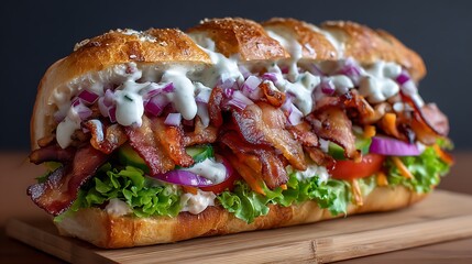 A delicious bacon sub sandwich filled with crispy bacon, fresh vegetables, and flavorful sauces.