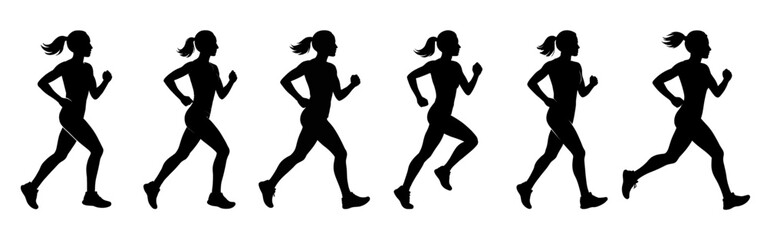 Female Running Silhouette Vector Set | Woman Jogging Motion Sequence | Athletic Runner Poses Clipart