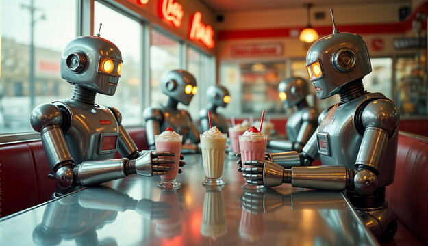 Retro robots enjoying milkshakes together in a classic 1950s style diner. AI generated