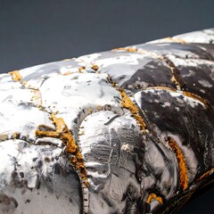 Obraz premium Close-up view of a textured, quilted surface with silvery-gray and dark-gray panels, accented by orange stitching, creating a visually compelling design.