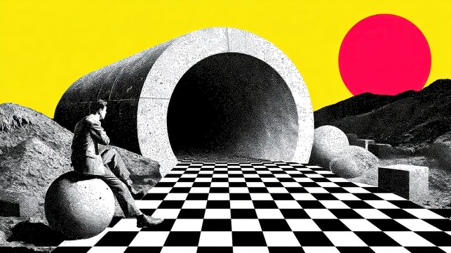 A contemplative figure sits on a sphere, observing a concrete tunnel, set against a checkerboard floor and a vibrant yellow background. - Powered by Adobe