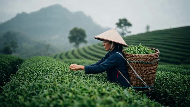 An asian woman in a traditional conical hat with a basket on her back harvests fresh green tea leaves on a plantation in the mountains, representing agriculture and organic farming
