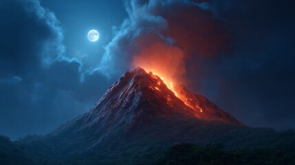 Eruption Under the Moon: A majestic volcano erupts dramatically under the spell of the midnight moon, with glowing lava contrasting against the dark, mysterious sky.