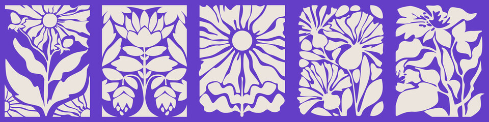 Retro abstract groovy leaves composition with botanical panels - white floral silhouettes in purple grid layout. Seventies inspired nature graphics for vintage wallpaper or decorative textile designs.