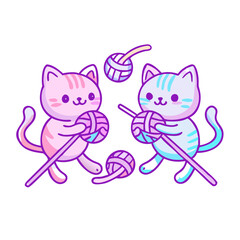 Fototapeta premium Two cute kittens playing with yarn illustration