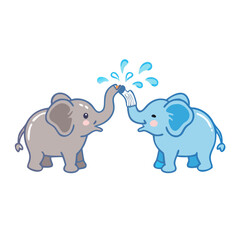 Obraz premium Two cute elephants spraying water from their trunks