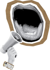 Pop art modern collage with screaming mouth and bullhorn. Halftone newspaper elements