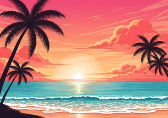 Obraz premium Vibrant tropical beach sunset illustration with silhouettes of palm trees against a colorful pink and orange sky