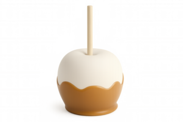 3d rendering of a caramel apple dipped in white chocolate featuring a wooden stick, isolated on a transparent background