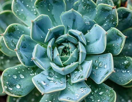 Succulent Plant Close-Up with Water Droplets, Abstract Leaf Pattern - Powered by Adobe