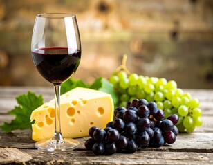 Glass of Red Wine with Grapes and Cheese on Rustic Wooden Table