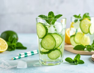Refreshing Cucumber Mint Lemonade in Glass with Ice Cubes