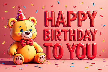 Fototapeta premium A cute teddy bear with a red bow tie and party hat sits beside Happy Birthday To You on a pink background with confetti.