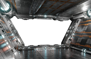 Metallic spaceship interior with isolated cut out transparent window. Glossy starship corridor with glowing lights. 3D rendering © sdecoret