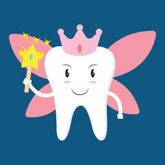 Tooth Fairy Vector Cartoon Illustration. Cute Tooth Fairy Wearing Crown and Holding a Star Magic Wand Vector Illustration. Outline Ilustration.