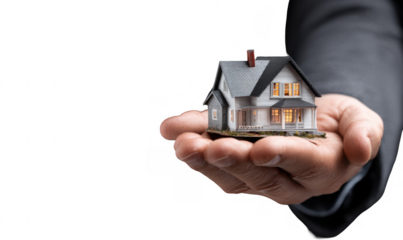 Close-up of a person holding a detailed miniature house model in their open hand isolated on black